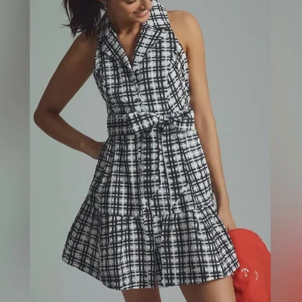 Anthropologie Maeve Shirt Mini Dress Size 4 Black White Plaid Tiered Belted